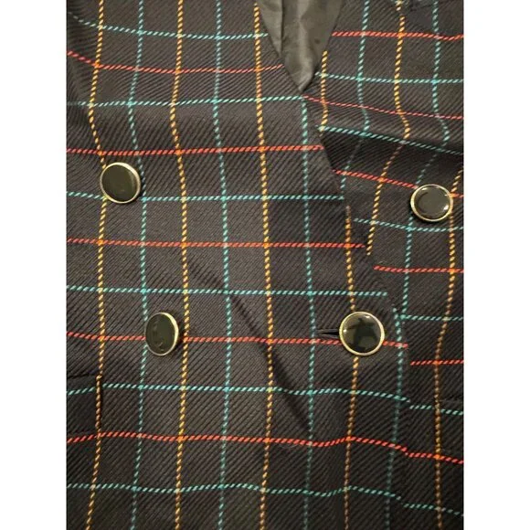 Atrium Collection Womens Plaid Blazer 7/8 Double-Breasted Rayon & Polyester Navy - Picture 6 of 7